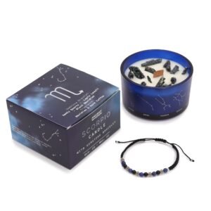 Scorpio Candle with Gemstone Bracelet – Smoky Quartz, Lapis Lazuli, Black Obsidian