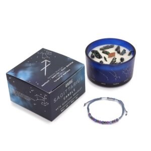 Sagittarius Candle with Gemstone Bracelet – Amethyst, Sodalite, Black Obsidian