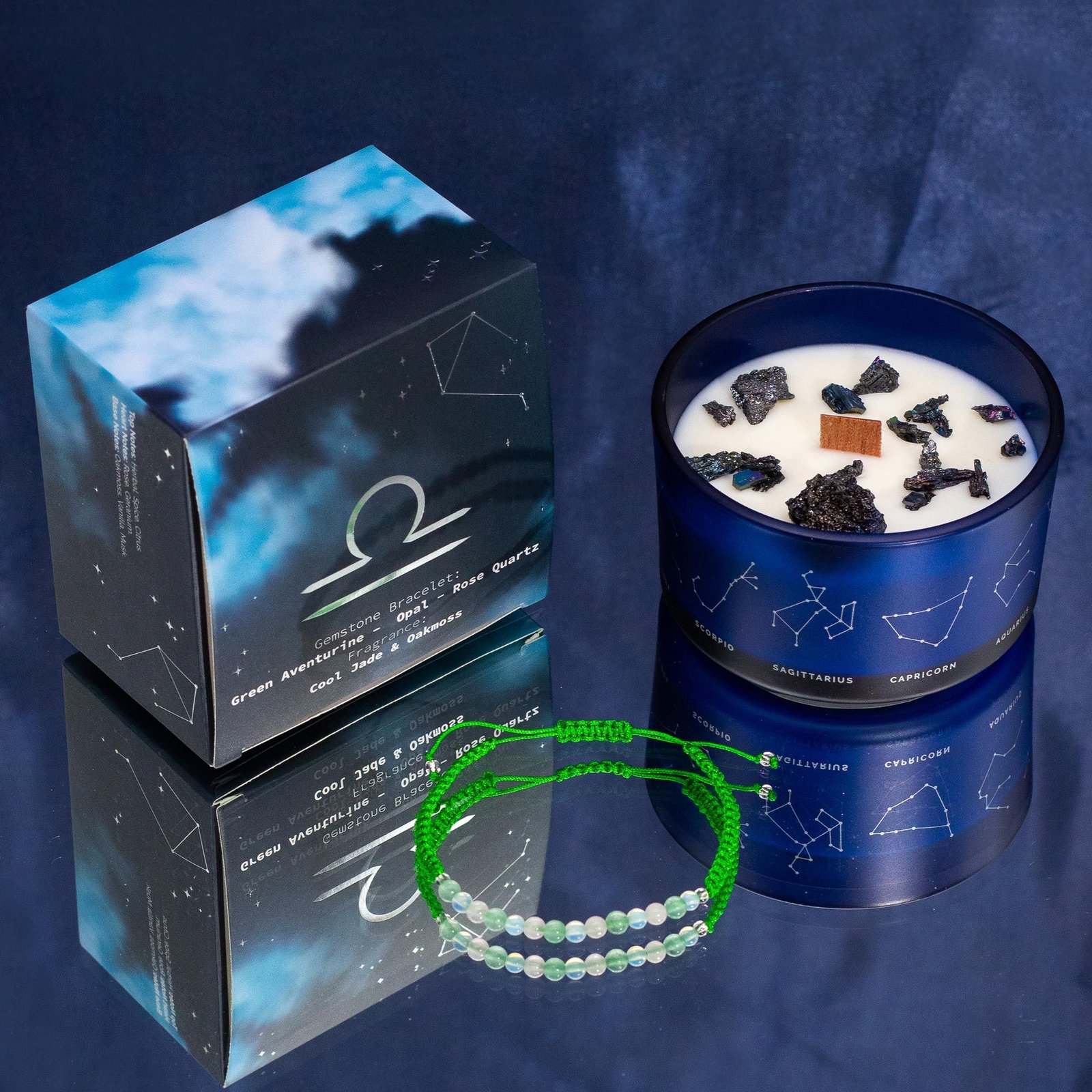 Libra Candle with Gemstone Bracelet – Green Aventurine, Opal, Rose Quartz